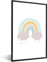 Poster in lijst voor kinderen - Kids wanddecoratie - Schilderij kinderen - Regenboog - Wolken - Regen - Kinderen - Pastel - 40x60 cm