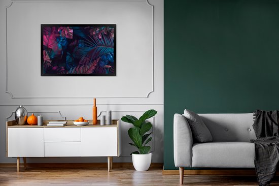 Fotolijst incl. Poster - Jungle - Bladeren - Blauw - Roze - Jongetjes - Meisjes - Kind - 90x60 cm - Posterlijst