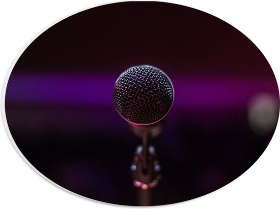 PVC Schuimplaat Ovaal - Close-up van Microfoon op Podium - 28x21 cm Foto op Ovaal (Met Ophangsysteem)