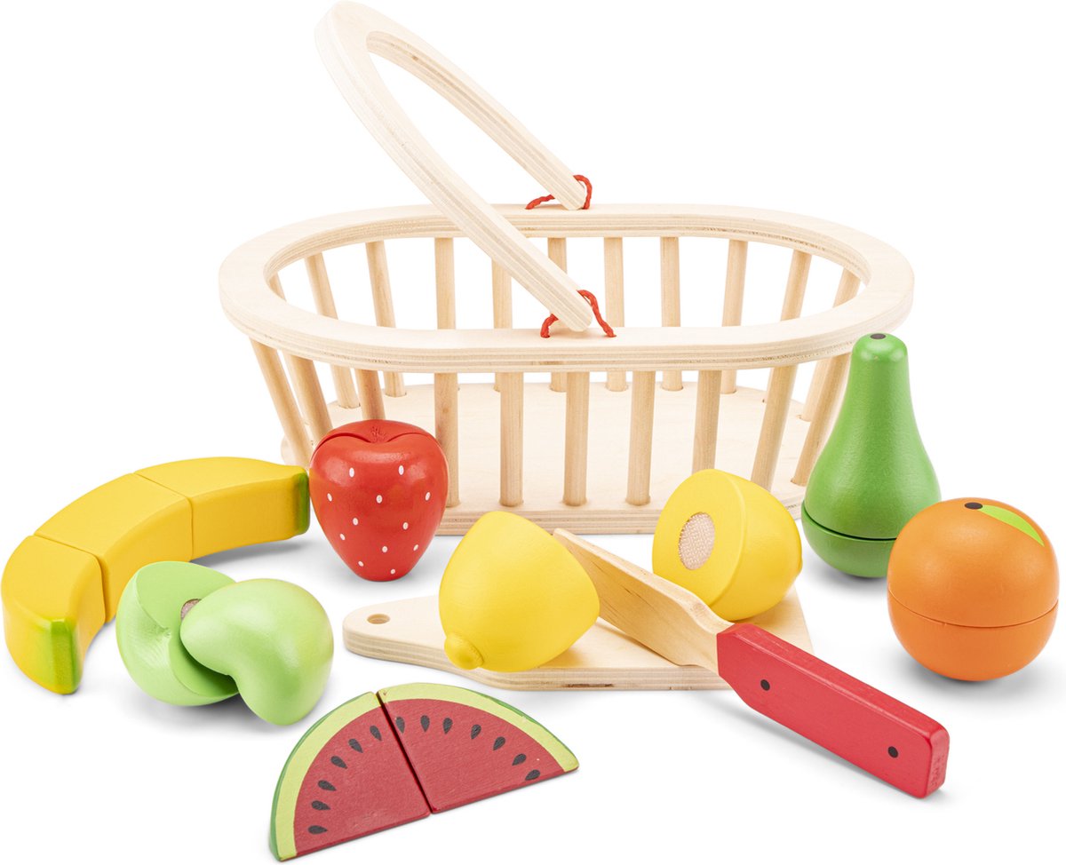 Woet® Houten Fruitmandje Speelset - Snijbaar Fruit in Mand met Snijplank - Educatief Speelgoedeten Snijset - Rollenspel Speelgoed - Vanaf 2 Jaar — afbeelding 3