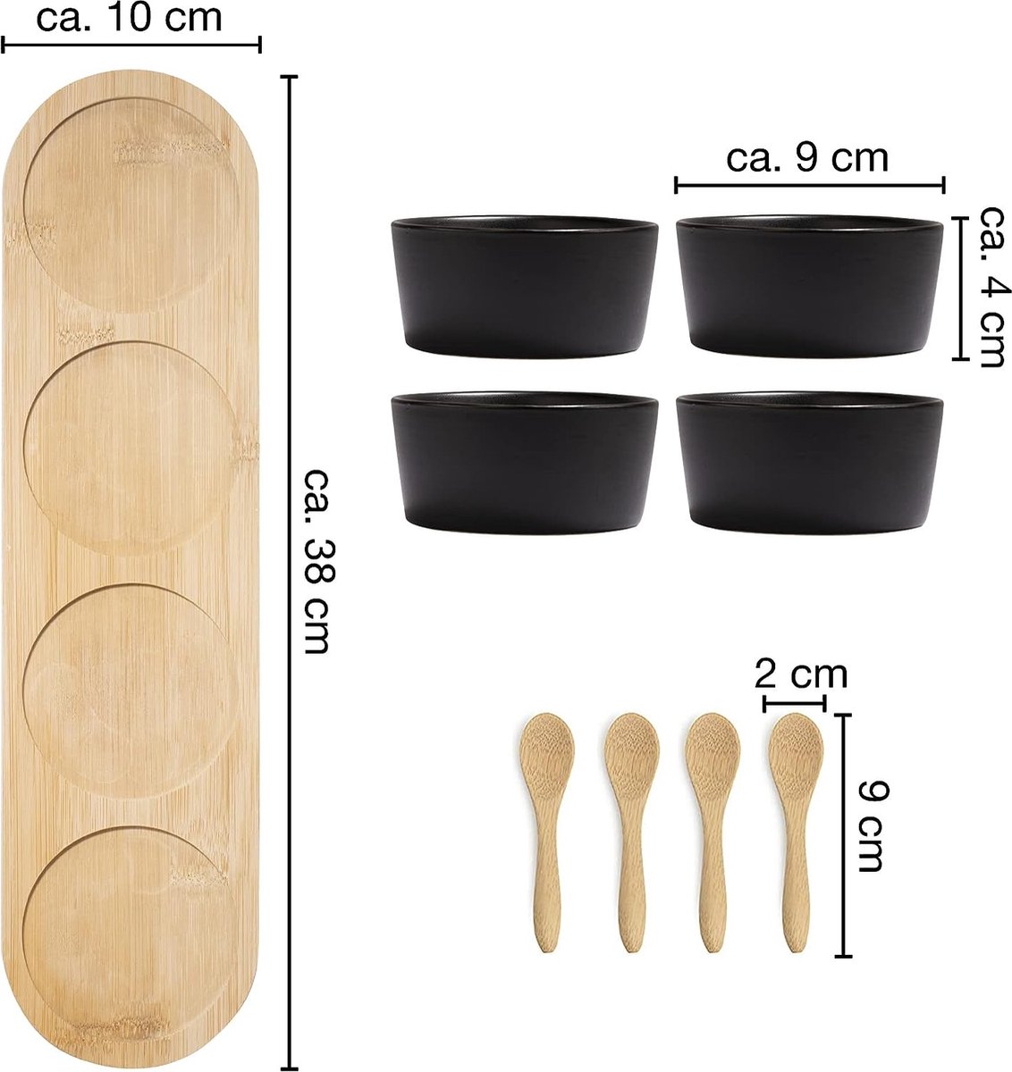 Moritz & Moritz 9-delige serveerschalen set zwart incl. lepel & bamboe serveerplank - keramische schalen set als tapas schalen, dip schaaltjes, snackschaal