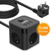 LUSQ® Cube Stekkerdoos met Schakelaar - 3 USB Poorten - 3 Stopcontacten - Zwart