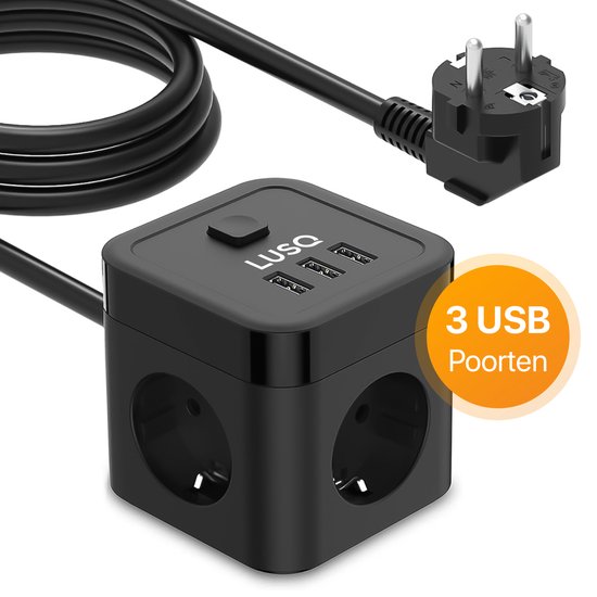 Multiprise LUSQ® Cube avec interrupteur - 3 Portes USB - 3 Prises  électriques - Zwart