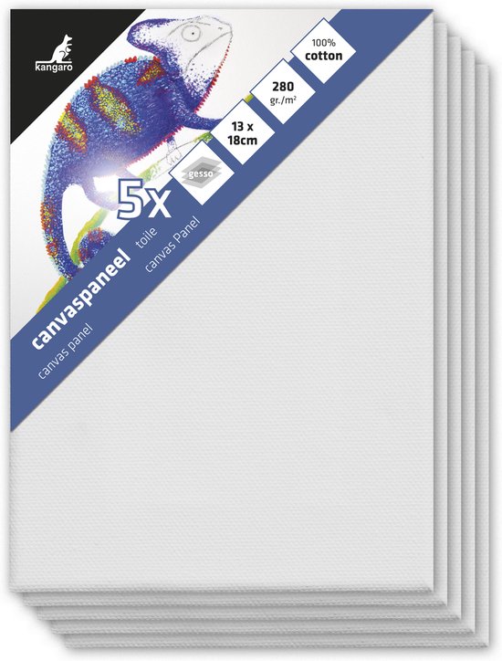 Stapel van vijf witte canvas panelen, 13x18cm, met een kameleon illustratie.