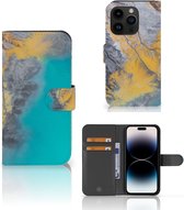 Flip Case Geschikt voor iPhone 15 Pro Hoesje Marble Blue Gold