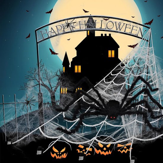 JOYSAL Halloween Spinnenweb – 200 Gram Wit Rekbaar Web Met 40 Zwarte Spinnen, Dekt Tot 100 M², Voor Binnen En Buiten