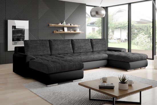 Canapé d'angle U Tokio xl - Ilot de vie salon d'angle avec fonction couchage (lit) et rangements - pu noir et tissu noir - Canapé d'angle promo sièges et couchages