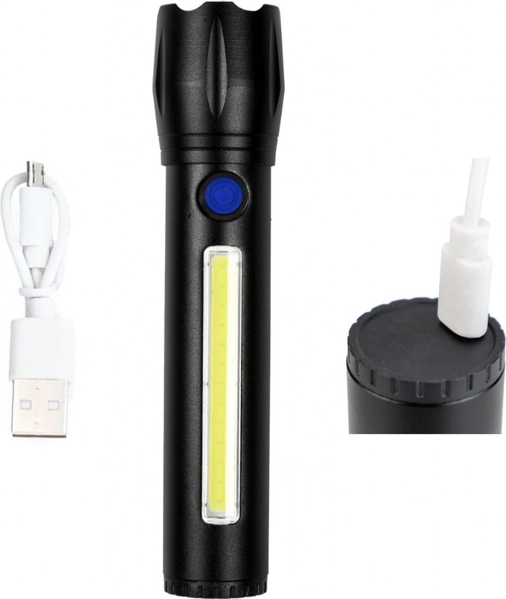 PD® - Zaklamp - Zaklamp led oplaadbaar - Zaklamp Tactical - Zaklamp oplaadbaar - LED - COB - 14cm - Zwart