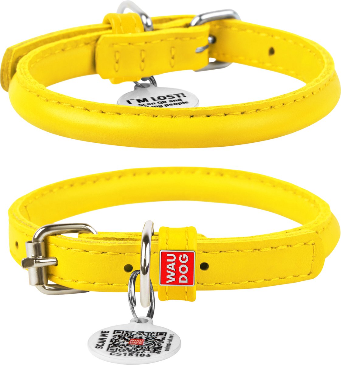 WAUDOG Glamour Rolled Halsband - Rond leder - Gratis QR-tag - Geel - XS - Diameter: 8 mm - Nekomtrek: 20 - 25 cm (GELIEVE VOORAF BESTELLEN OPMETEN)