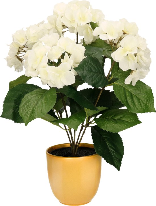 Hortensia kunstplant/kunstbloemen 40 cm - wit - in pot okergeel glans - Kunst kamerplant