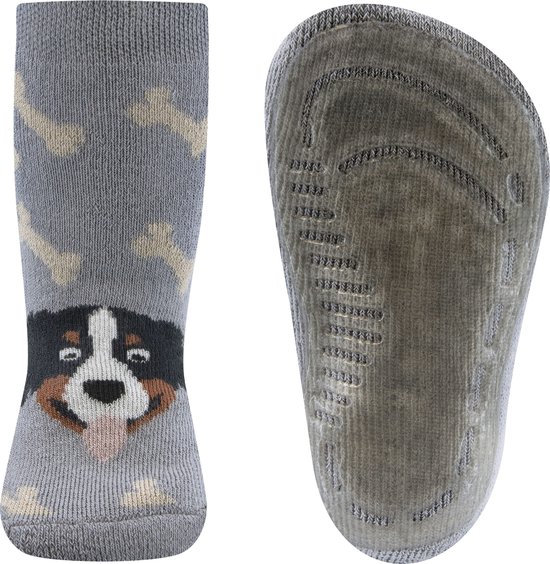 Grijze sokken met botjesprint en een Berner Sennenhond gezicht op de voorkant. Antislip zool.