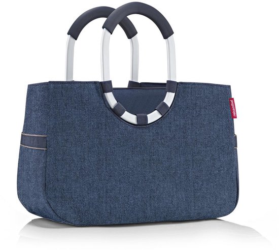 Donkerblauwe shopper met visgraatpatroon en zilveren hengsels.