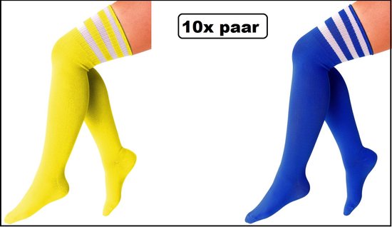 10x Paar Lange sokken blauw en geel met strepen - maat 36-41 - Lieskousen - kniekousen sportsokken cheerleader carnaval voetbal hockey unisex festival