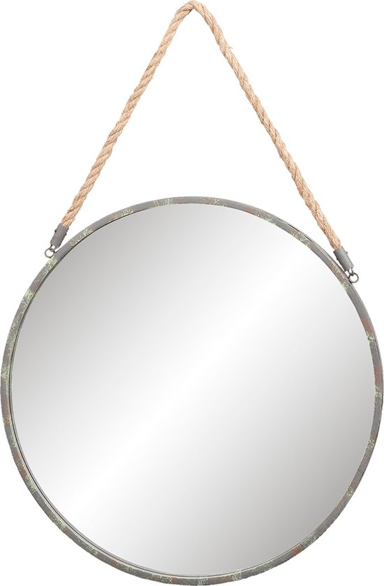 HAES DECO - Ronde Spiegel met Touw - Kleur Grijs - Formaat Ø 56x3 cm - Materiaal Metaal - Wandspiegel, Spiegel rond