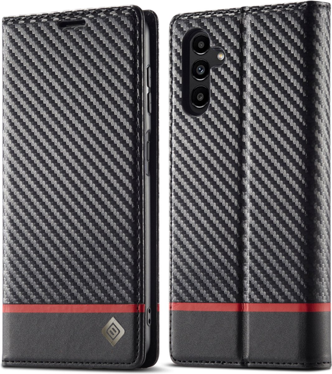 Luxe BookCover Hoes Etui geschikt voor Samsung Galaxy A24 - A25 Zwart-Rood-Carbon