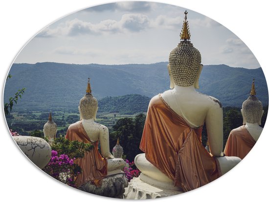 PVC Schuimplaat Ovaal - Buddhas - Bloemen - Bergen - Bomen - 108x81 cm Foto op Ovaal (Met Ophangsysteem)