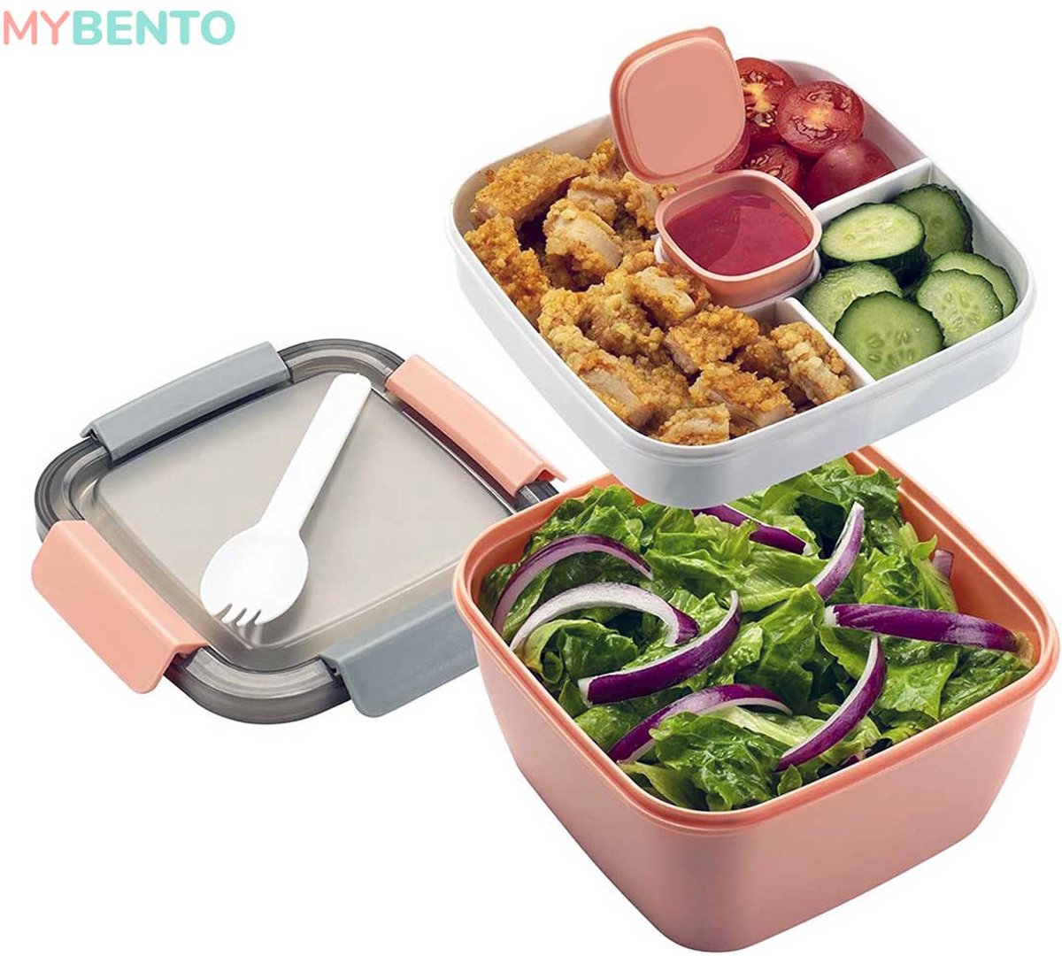 MyBento | Meerlaagse Lunchbox met Vakjes Roze – Japanse Bento Box – Lunchbox Volwassenen – Lunchbox Kinderen – Salade To Go – Broodtrommel – Lunchtrommel – Salade Lunchbox – Saladebox – Salade Box
