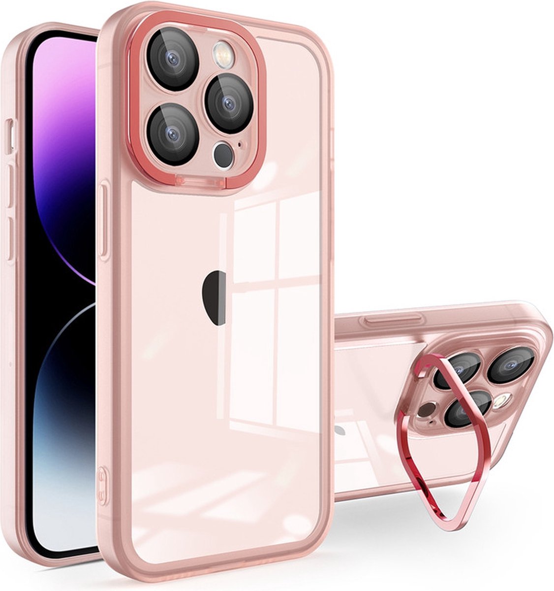 iPhone 14 PRO Hoesje - Transparant - Doorzichtige Achterkant - Met Standaard - Roze - Provium