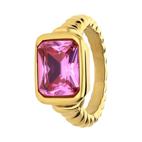 Lucardi Dames Stalen goldplated vintage ring met roze zirkonia - Ring - Staal - Goudkleurig - 19 / 60 mm