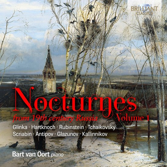 Boekcover van 'Nocturnes from 19th century Russia Volume 1' met een schilderij van een winterlandschap met een kerk en een schilderij getiteld 'Nocturnes from 19th century Russia Volume 1' erop.