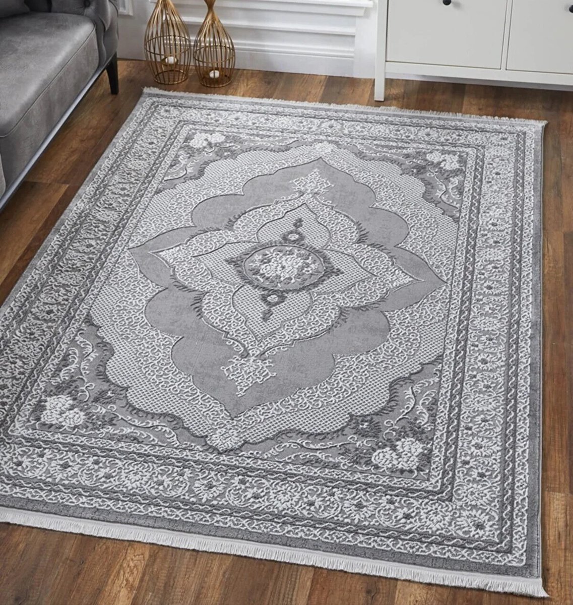 FLANDERS - Grijs - 160x220cm, Laagpolig vloerkleed met franjes
