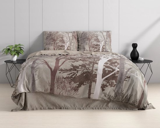 Lits-jumeaux dekbedovertrek (dekbed hoes) taupe - bruin met bomen, takken, bladeren, dennenbomen in bos / natuur (contour) KATOEN 240 x 220 cm (TOP kwaliteit luxe beddengoed slaapkamer, cadeau idee Sint & Kerst)) van Présence. — afbeelding 4