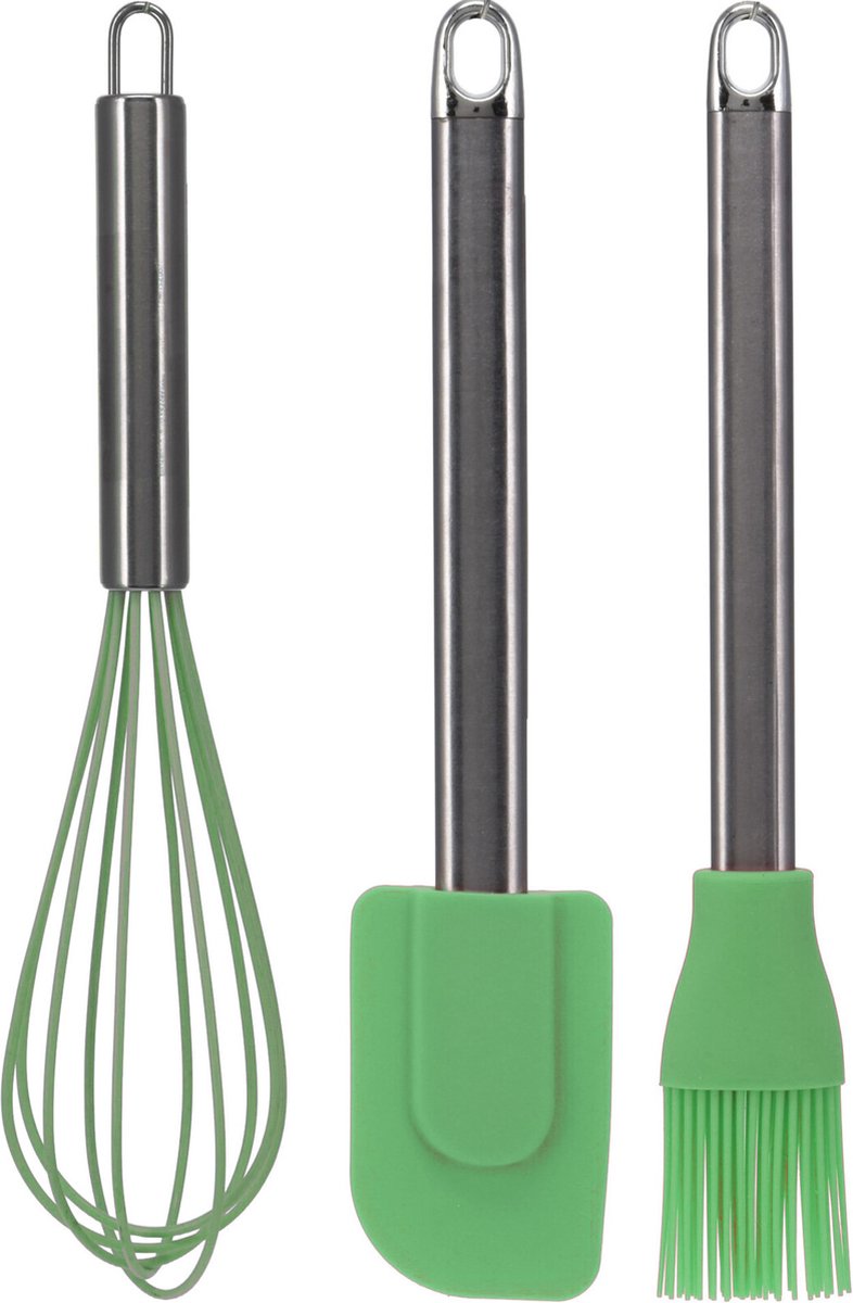 La Cucina Keukengerei set - 3 stuks - garde/pannenlikker/bakkwast - groen - RVS/siliconen - 26 cm