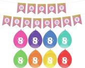 Haza Verjaardag 8 jaar geworden versiering - 16x thema ballonnen/1x Happy Birthday slinger 300 cm