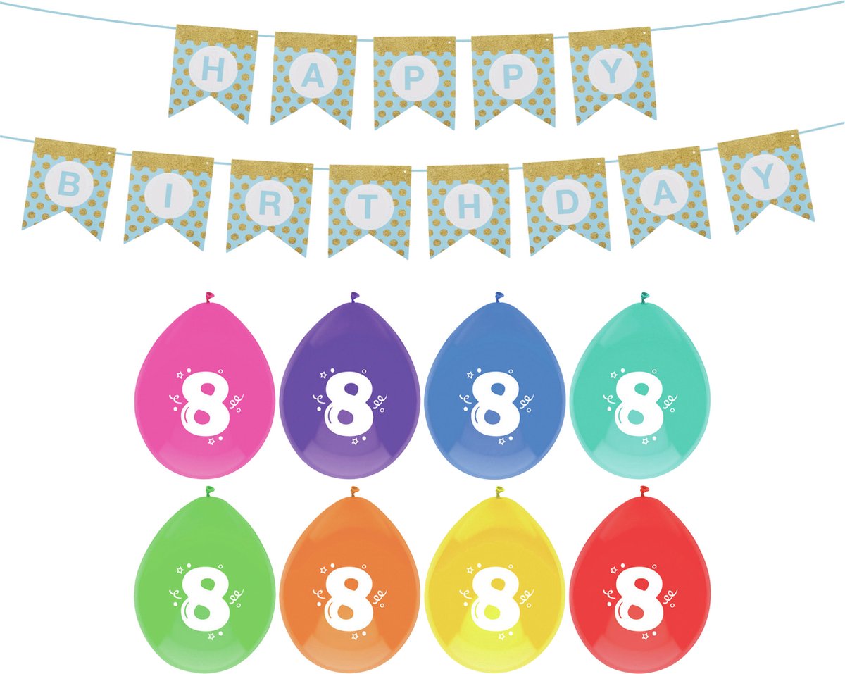 Haza Verjaardag 8 jaar geworden versiering - 16x thema ballonnen/1x Happy Birthday slinger 300 cm