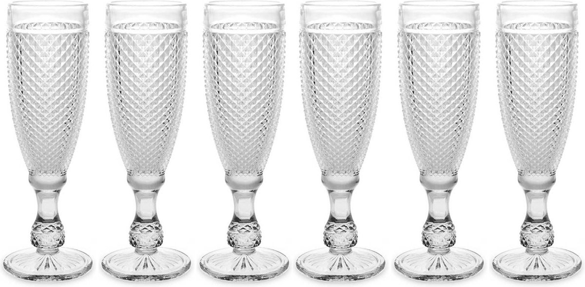 Vivalto Prosecco/champagneglazen - glas - set 12x stuks - 185 ml - Luxe Diamonds relief glas