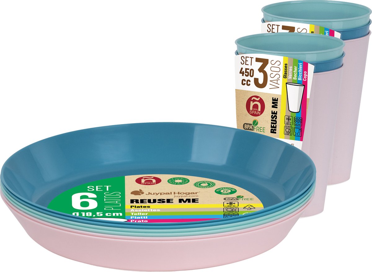 Juypal Servies set - 6x borden en drinkbekers - pasteltinten - kunststof - herbruikbaar