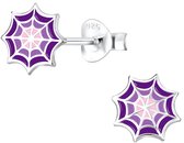 Joy|S - Zilveren spinnenweb oorbellen - 8 mm - paars - halloween oorbellen