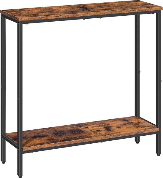 Smalle gangtafel met plank, 75 x 22 x 75 cm, bijzettafel, kleine tentoonstellingstafel, banktafel voor kleine ruimte, voor ingang, hal, donkerbruin-zwart