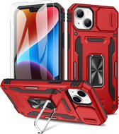 Podec Hoesje geschikt voor iPhone 14 Rood Telefoonhoesje - Anti-Shock Case Cover Hybrid Armor Hoes met Kickstand Ring met Screenprotector