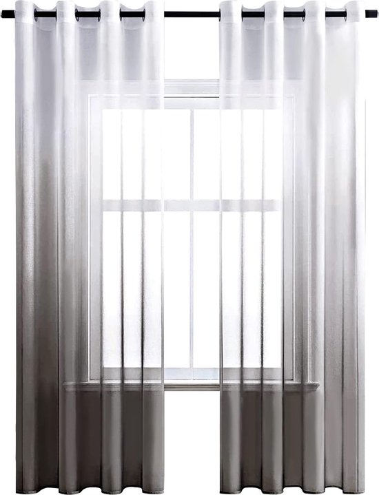 Rideaux dégradés à œillets, rideaux transparents, rideaux décoratifs en tulle et voile, pour fenêtres, chambre et salon, lot de 2, 225 x 140 cm (H x L), blanc/noir [Classe énergétique A+++]