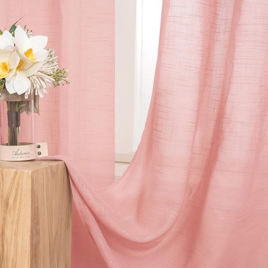 Set de 2 voilages à œillets aspect lin transparent, rideau à œillets pour salon, aéré, translucide, rideau décoratif pour chambre à coucher, 140 x 160 cm (LxH), rose bébé