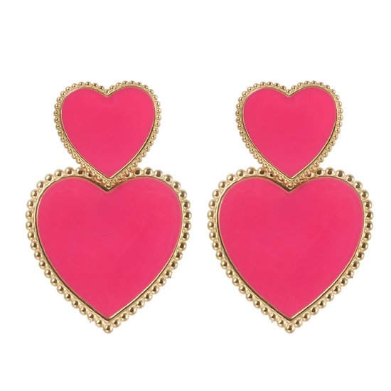 The Jewellery Club - Sanne heart earrings pink - Oorbellen - Dames oorbellen - Hart - Stainless steel - Goud - Roze - 5,3 cm