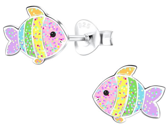 Joy|S - Zilveren vis oorbellen - 9 x 7 mm - multicolor met glittertjes - kinderoorbellen