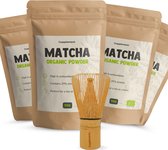 Complément | 4 sachets de Matcha 90 grammes | Biologique | Livraison gratuite, mousseur et piles | Poudre de Thee vert de la plus haute qualité