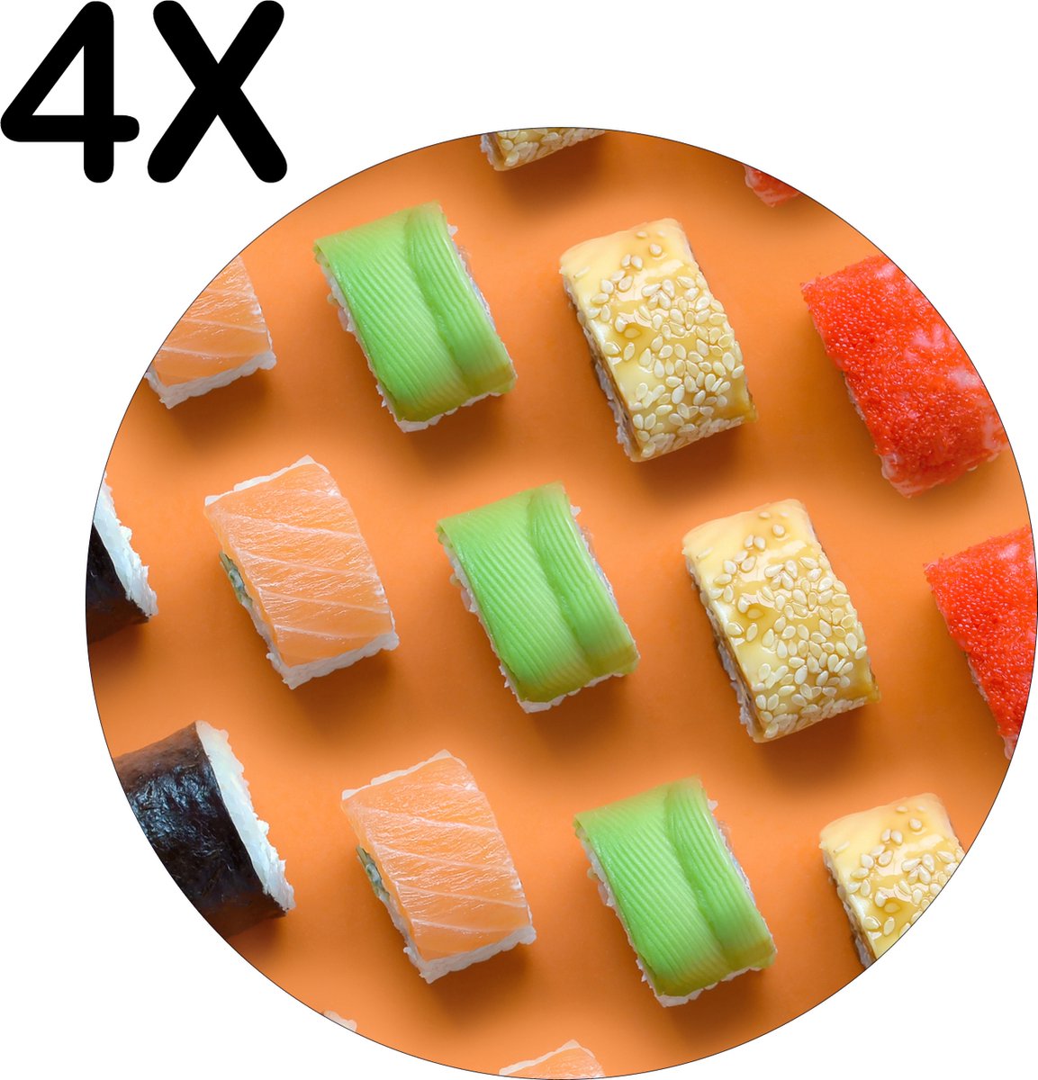BWK Stevige Ronde Placemat - Verschillende Soorten Sushi op een Oranje Achtergrond - Set van 4 Placemats - 50x50 cm - 1 mm dik Polystyreen - Afneembaar