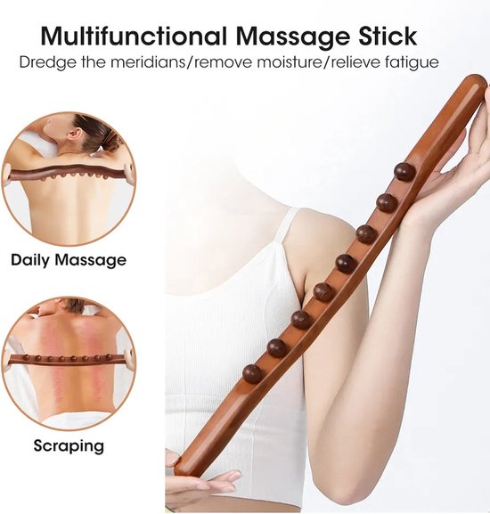 Massage - massage apparaat - voor rug, nek, schouder, buik, taille, armen, benen, etc. - massage stok hout - gua sha massage tool - houten massage stok - 8 massage ballen - 1 stuk - bruin hout