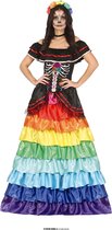 Guirca - Spaans & Mexicaans Kostuum - Rainbow Day Of The Dead Mariana - Vrouw - Zwart, Multicolor - Maat 38-40 - Halloween - Verkleedkleding