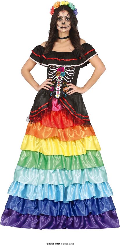 Guirca - Costume Espagnol & Mexicain - Rainbow Day Of The Dead Mariana - Femme - Zwart, Multicolore - Taille 38-40 - Halloween - Déguisements