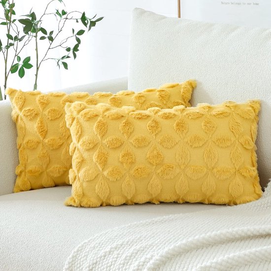 Set de 2 housses de coussin en laine, peluche douce, velours de laine court, housses de coussin décoratives, coussins de canapé de luxe, housses de coussin bohème pour canapé, chambre à coucher, motif floral, jaune clair, 30 x 50 cm