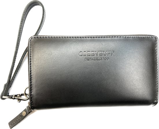 CobbyBuff - Leather Design Phone Bag Telefoontasje Mobiele Houder - Mobile Holder - Portemonnee Mobiele Tas - Kaartsleuf Portemonnee - Zwart volnerf echt leer - Black Full Grain Real Leather