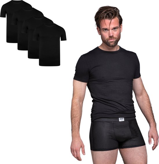 BOXR Underwear - Bamboe T-Shirt Heren - Ronde Hals - Zwart - L - Zijdezacht - Thermo Control - Ondershirt Heren - 4-Pack