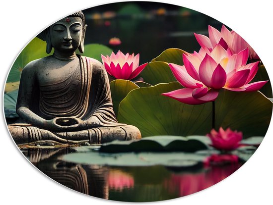 PVC Schuimplaat Ovaal - Buddha - Waterlelies - Bloemen - Bladeren - Water - 80x60 cm Foto op Ovaal (Met Ophangsysteem)