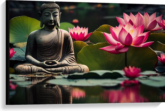 Canvas - Buddha - Waterlelies - Bloemen - Bladeren - Water - 90x60 cm Foto op Canvas Schilderij (Wanddecoratie op Canvas)