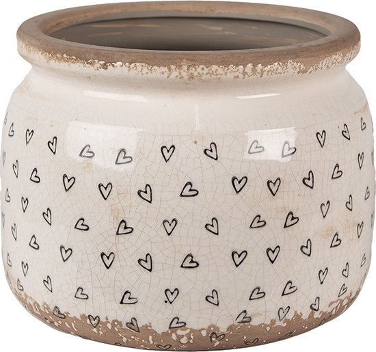 Clayre & Eef Bloempot Ø 20x15 cm Beige Zwart Keramiek Hartjes Bloempot Binnen