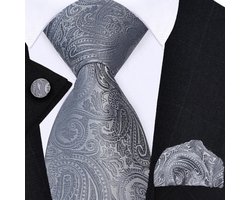 Sorprese Stropdas met Pochet en Manchetknopen - Paisley Zilver - 8cm - 100% Zijde - Pochette - Cadeau